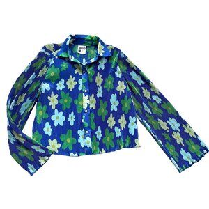 Black History Month Crinkle Pleated Button-Up Shirt Top Women's Size Small Blue